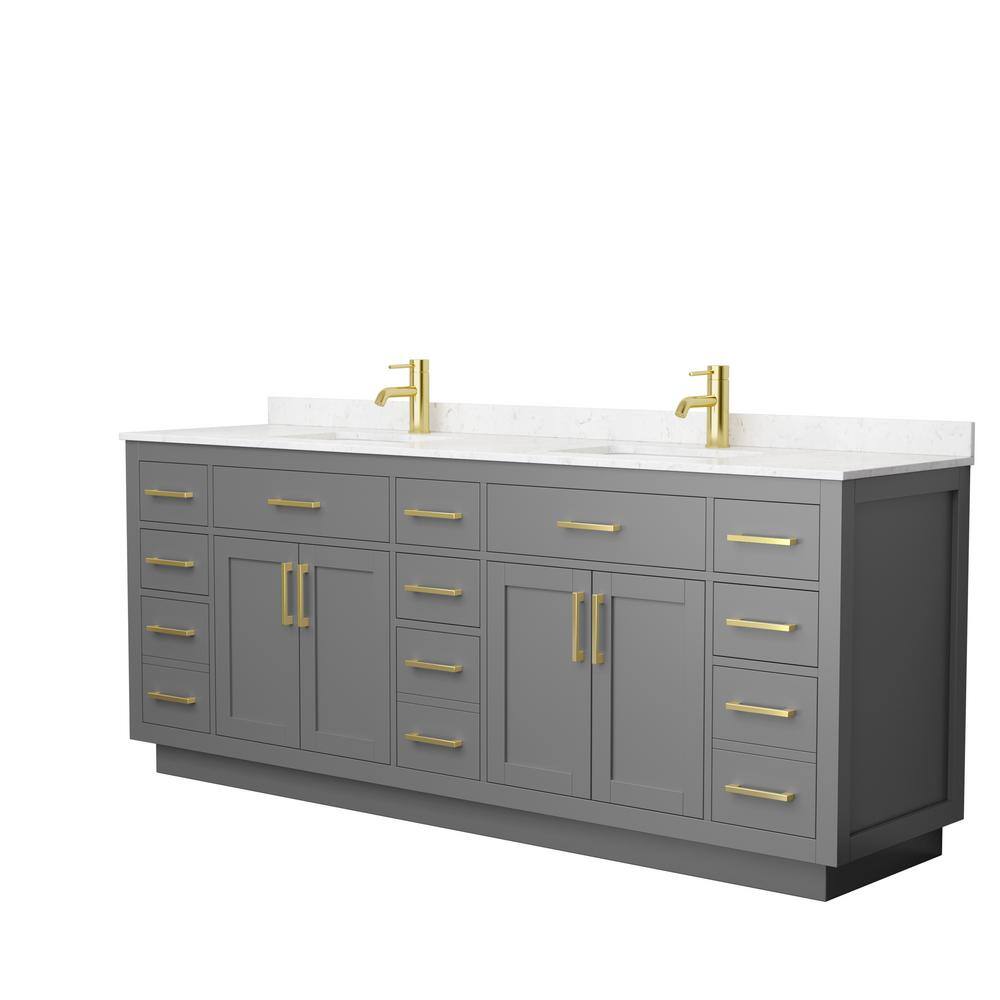 Wyndham Collection Beckett TK 84 in. W x 22 in. D x 35 in. H Double Bath Vanity in Dark Gray with Carrara Cultured Marble Top, Dark Gray with Brushed Gold Trim -  840193394261
