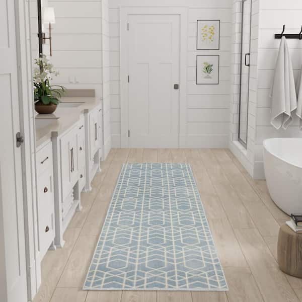 Washable Charm Blue Ivory 2 ft. x 10 ft. Geometric Contemporary Runner Area Rug