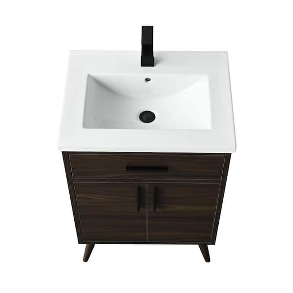 SUDIO Nelson 24 in. W x 18.5 in. D x 34 in. H Bath Vanity in Dark Walnut with White Ceramic Top
