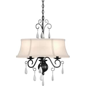 Ava 3-Light Indoor Foundry Bronze Candle-Style Chandelier with Ivory Fabric Drum Lamp Shade, Glass Teardrop Accents