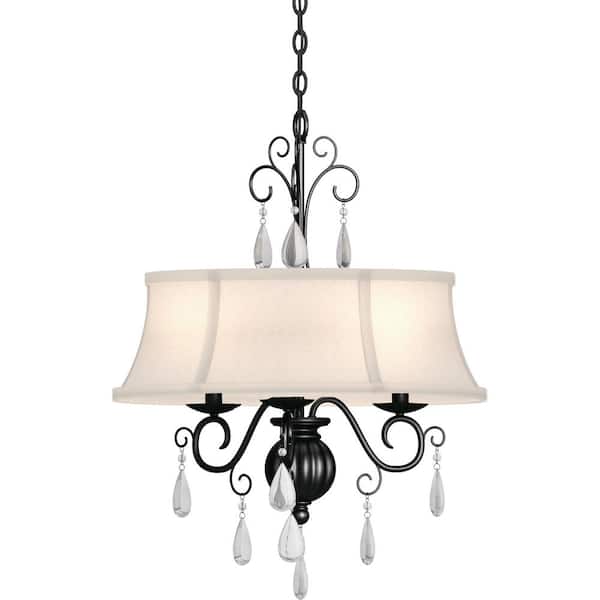 Volume Lighting Ava 3-Light Indoor Foundry Bronze Candle-Style Chandelier with Ivory Fabric Drum Lamp Shade, Glass Teardrop Accents