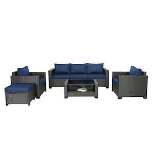 7-Piece Dark Brown Handwoven Rattan Wicker Outdoor Patio Sectional Sofa Set with Navy Blue Cushions and Pillows