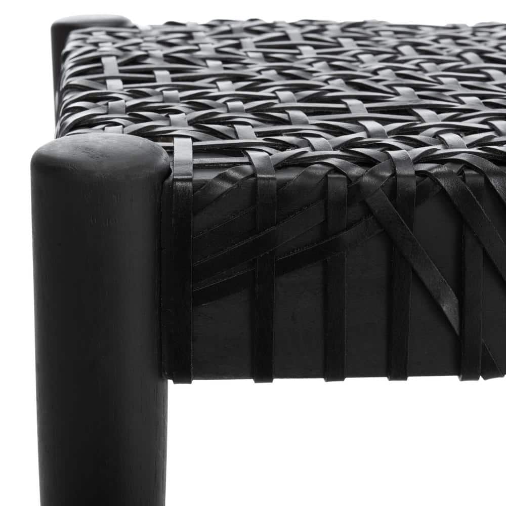 Alpine Elegance Black Cowhide Leather and Teak Bench, 47"