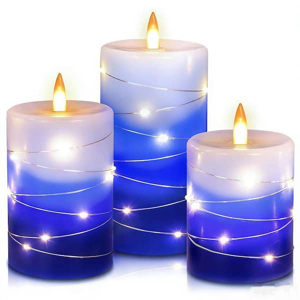 3-Pack Gradient Blue Battery Operated Flameless LED Candles with String Lights, Remote and Timer-Real Wax