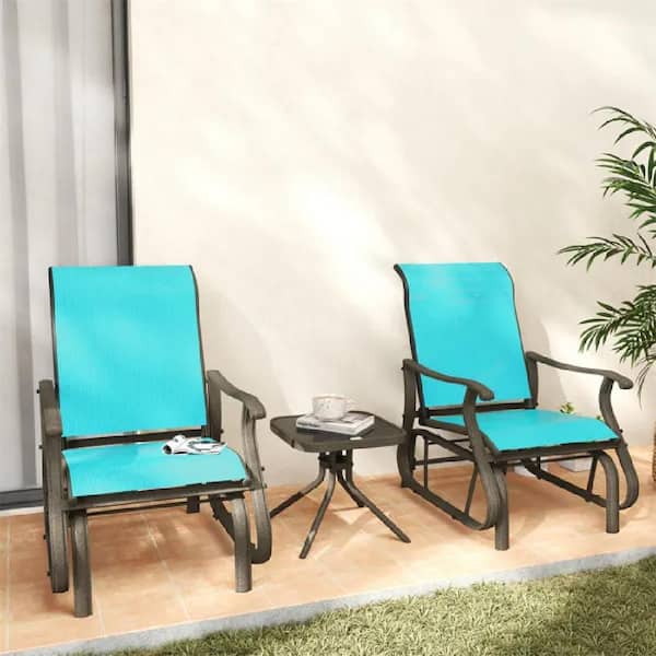 Light Blue Smooth Gliding Chairs Steel Frame Outdoor Lounge Chairs in Brown Mesh, Set of 2 w/ Tempered Glass Table