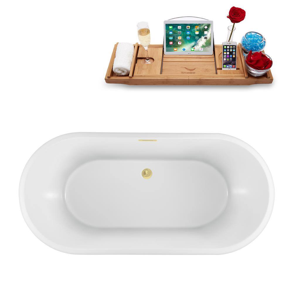 59" Glossy White Acrylic Freestanding Soaking Bathtub with Polished Brass Drain