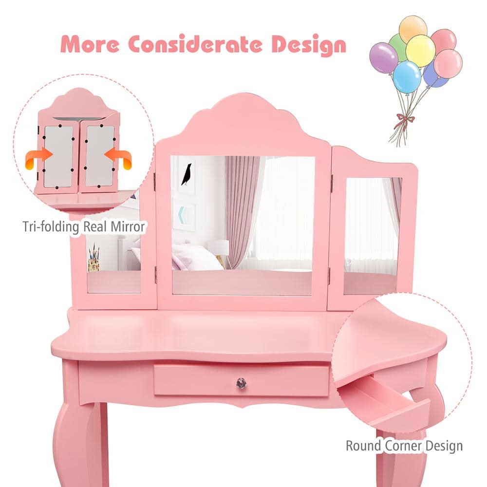 Pink MDF Kids Vanity Table and Stool Set with Tri-Folding Mirror
