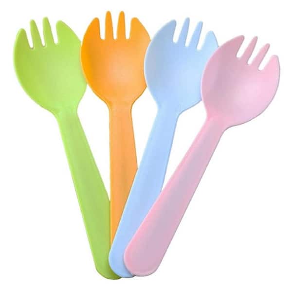 Blue Red Green Yellow Assorted Disposable Plastic Tableware Sporks 100 Pieces Per Case Individually Wrapped Durable
