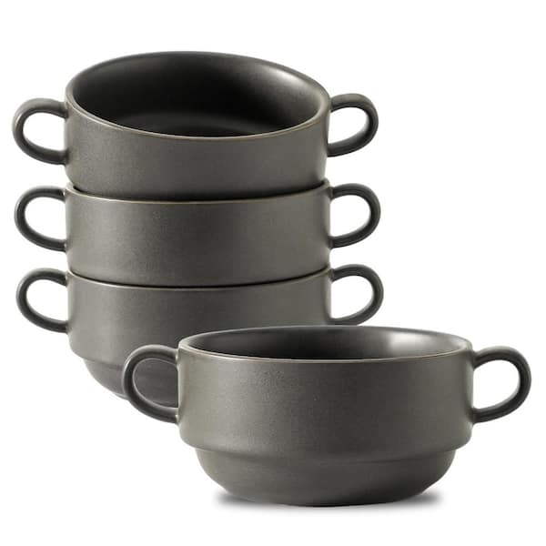 22 fl. oz. Matte Black Ceramic Deep Oven-Safe Dual-Handle Soup and Casserole Serving Bowl Set (Set of 4)