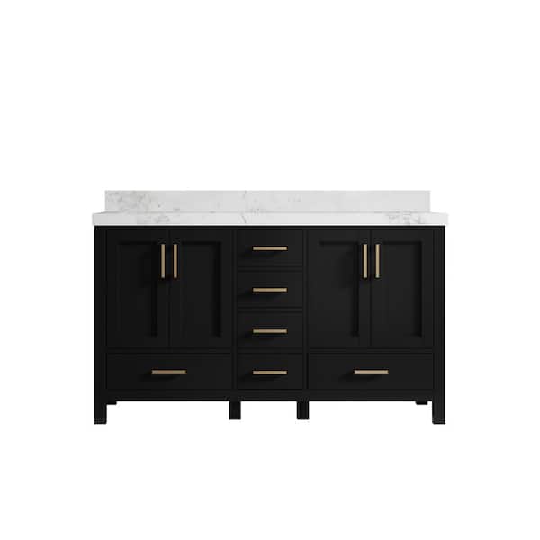 Willow Collections Malibu 60 in. W x 22 in. D x 36 in. H Double Sink Bath Vanity in Black with 2 in. Calacatta Nuvo Qt. Top