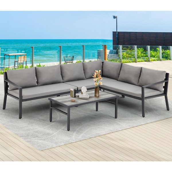 AECOJOY 4-Piece Metal Patio Conversation Set for 6 Seats L-Shaped Sofa with Coffee Table and Grey Cushions