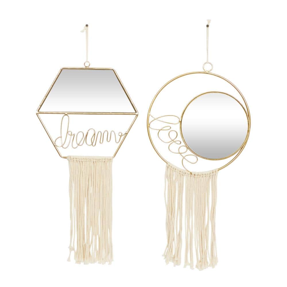 Gold Geometric Wall Mirrors with Fringe Tassels, Set of 2