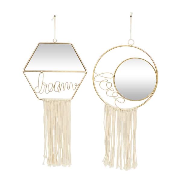 27 in. x 11 in. Handmade Dream, Love Geometric Framed Gold Wall Mirror with Fringe Tassels (Set of 2)