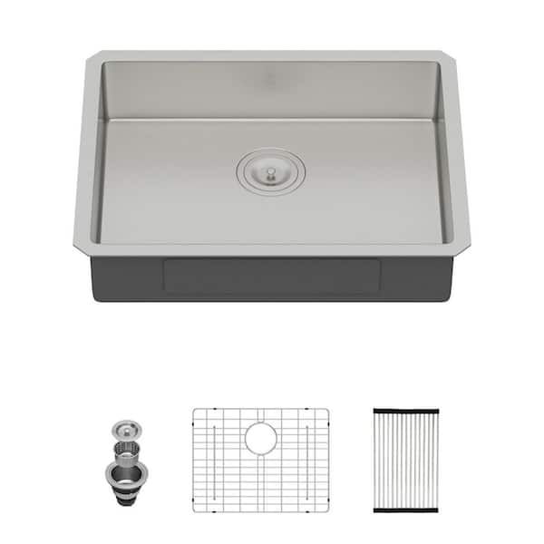 Sarlai 27 in. Undermount ADA Single Bowl 16-Gauge Stainless Steel Brushed Round Corner Kitchen Sink with Bottom Grid