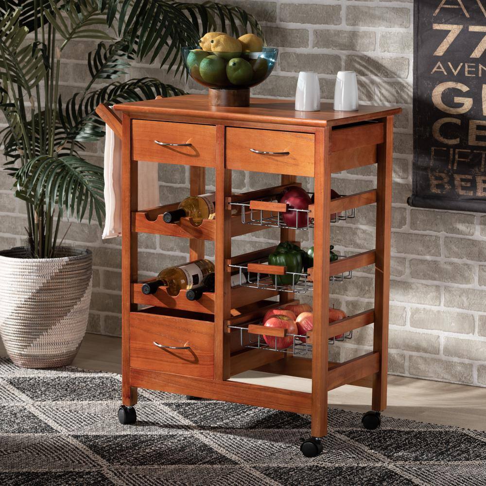 Crayton Oak Brown and Silver Mobile Kitchen Cart with Wine Storage