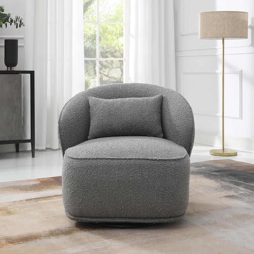 KINWELL Gray Boucle Upholstered 360° Swivel Barrel Accent Chair with ...