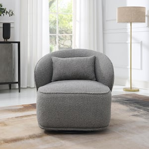 Gray Boucle Upholstered 360° Swivel Barrel Accent Chair with Pillow