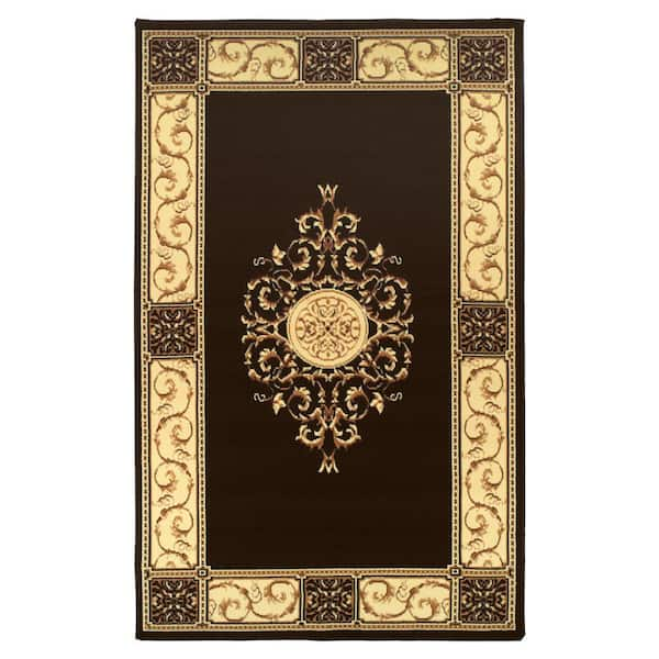 Elegant-Medallion Coffee 8 ft. x 10 ft. Rectangle Border Medallion Scroll Polypropylene Area Rug