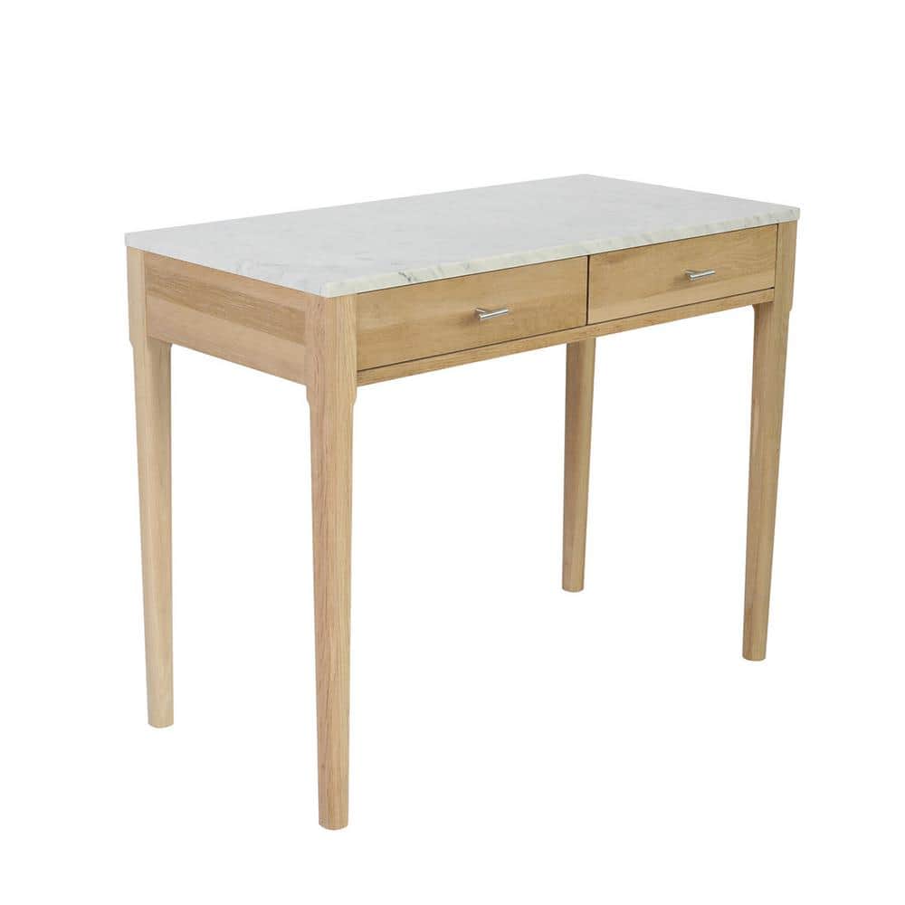 Transitional Carrara Marble & Oak Console Table with Storage
