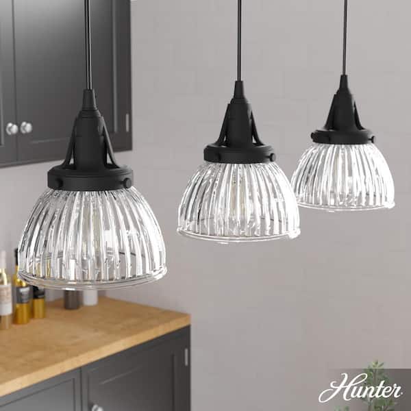 Hunter Cypress Grove 3 Light Natural Iron Island Chandelier with Clear Holophane Glass Shades Kitchen Light