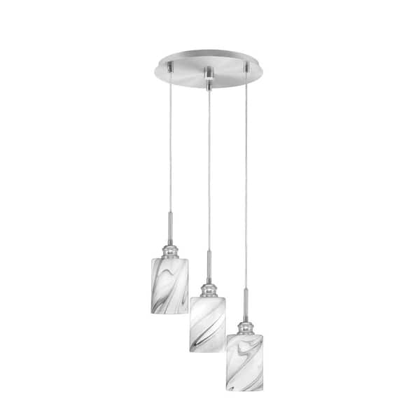 Unbranded Albany 60-Watt 12 in. 3-Light Brushed Nickel Cord Pendant Light Onyx Swirl Glass Shade