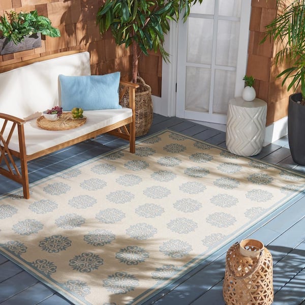 Beach House Cream/Aqua 4 ft. x 4 ft. Border Geometric Floral Indoor/Outdoor Patio  Square Area Rug