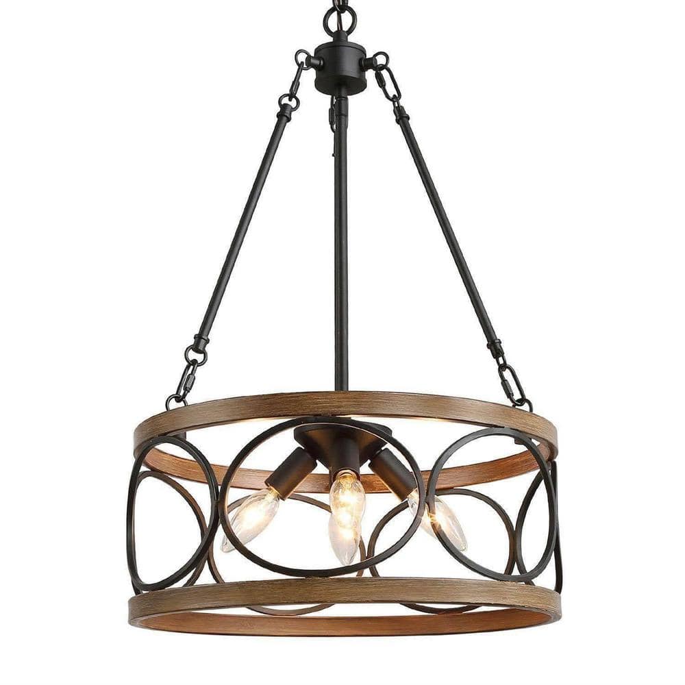 4-Light Pine Texture and Matte Black Modern Farmhouse Chandelier, Suitable 