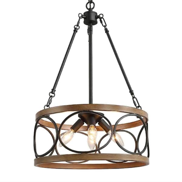 Unbranded 4-Light Pine Texture and Matte Black Modern Farmhouse Chandelier, Suitable for Dining Room, Bedroom and Living Spaces