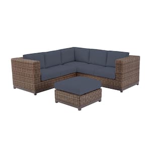 Fernlake 4-Piece Brown Wicker Outdoor Patio Sectional Sofa with CushionGuard Sky Blue Cushions