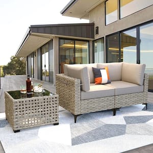 Apollo 3-Piece Wicker Outdoor Patio Conversation Seating Set with Beige Cushions