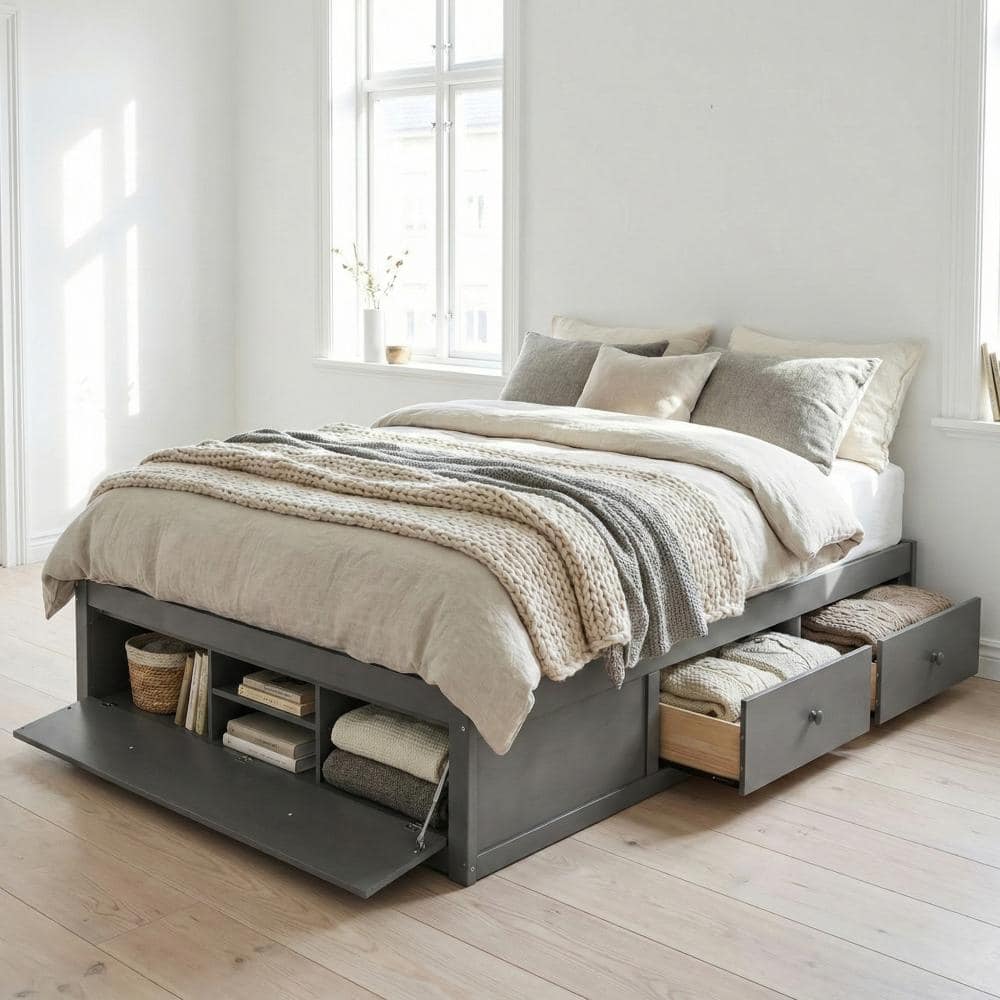 Gray Wood Frame Queen Size Platform Bed with 4 Drawers, Hydraulic Lift Footboard Storage price history on PriceWatchPro