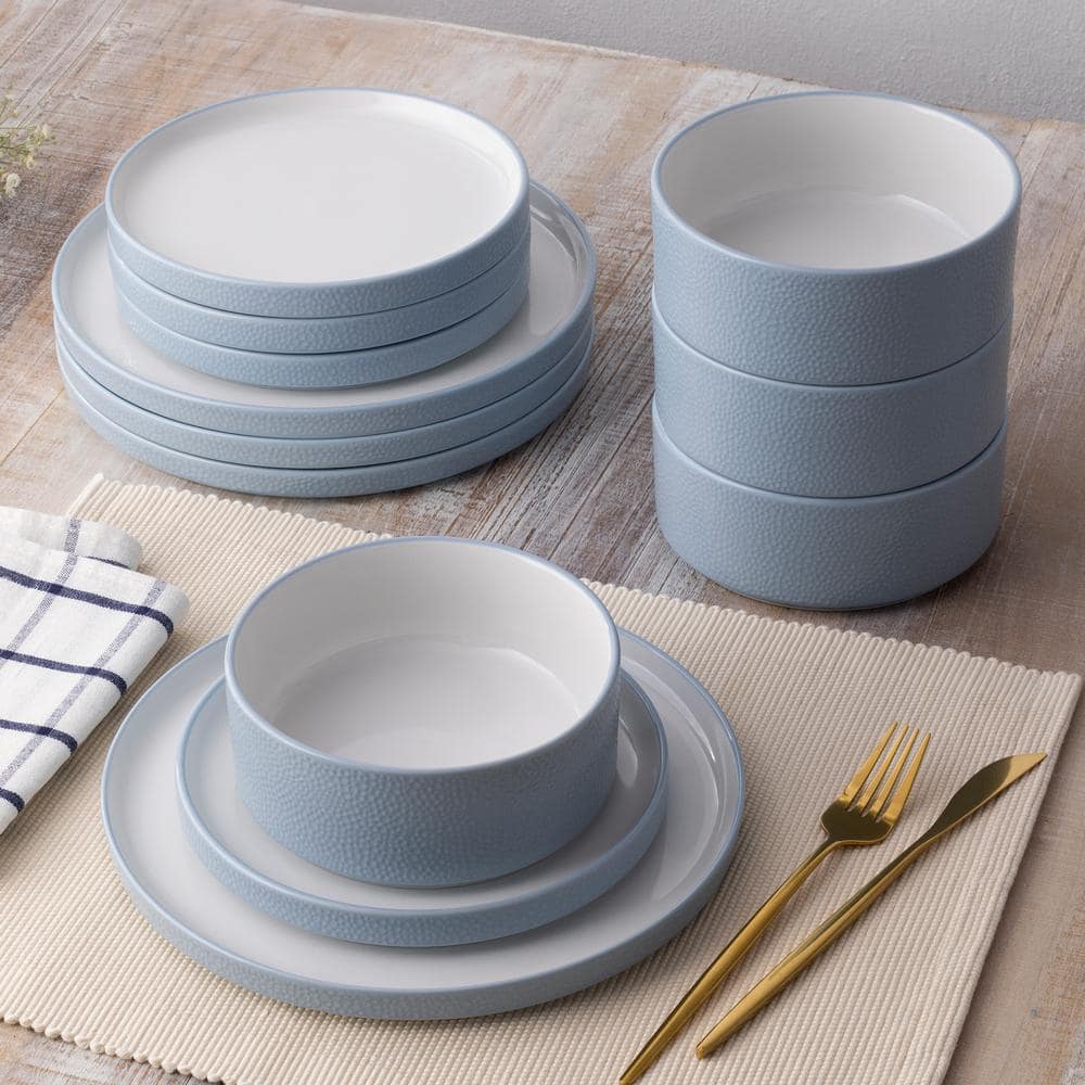 Aqua and White Porcelain 12-Piece Dinnerware Set, Service for 4