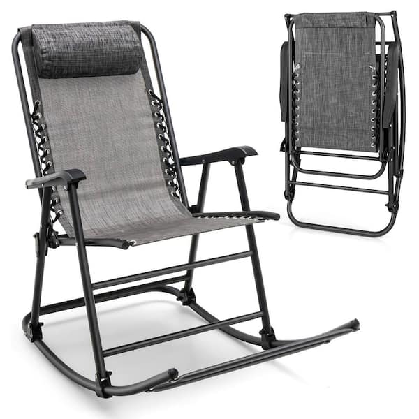 Costway Grey Metal Folding Zero Gravity Outdoor Rocking Chair with Headrest