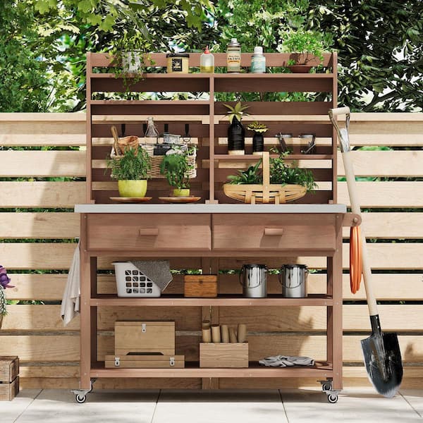 Harper & Bright Designs 64.9 in. Brown Wooden Outdoor Potting