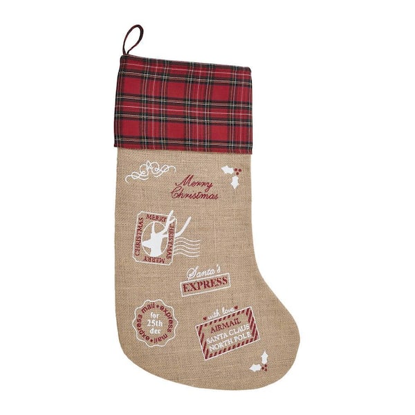 20 in. Tan Bright Red Country Black Air Mail Christmas Stocking