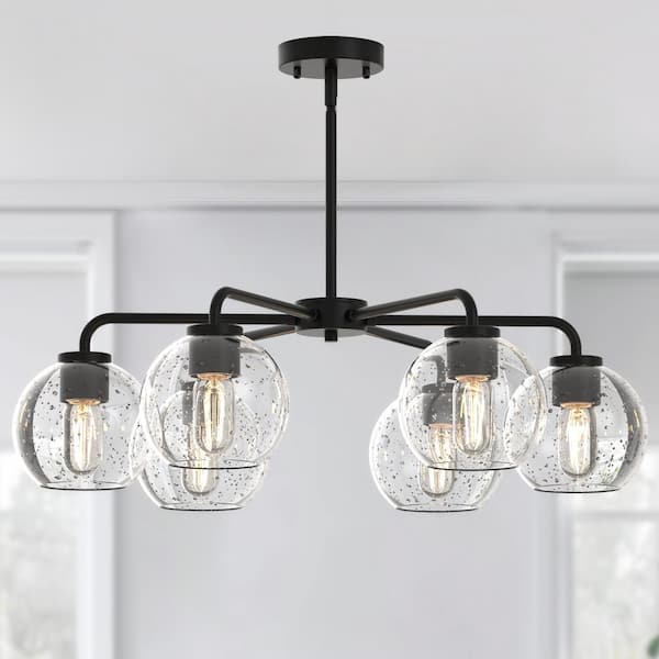 28 in. 6-Light Black Modern Semi-Flush Mount Pendant Lighting, Adjustable Height with Glass Shades for Dining Room