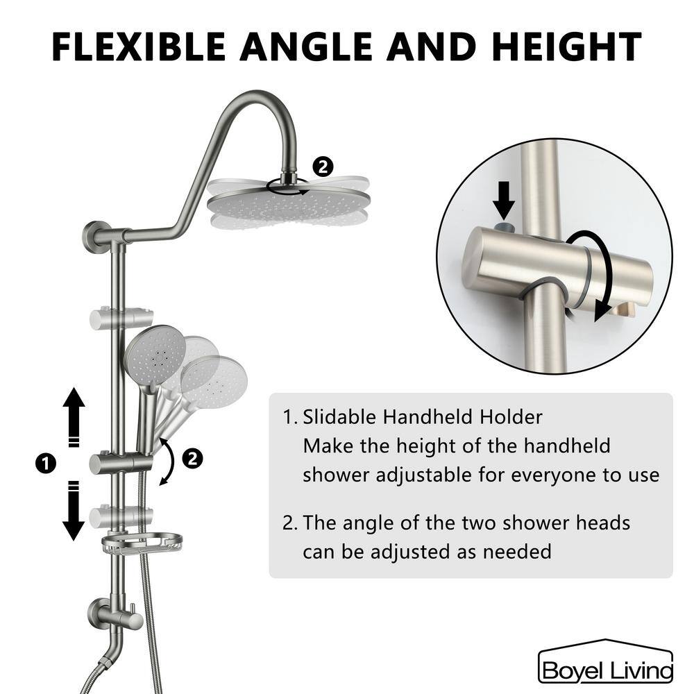 Brushed Nickel Dual Head Wall Mounted Rain Shower System