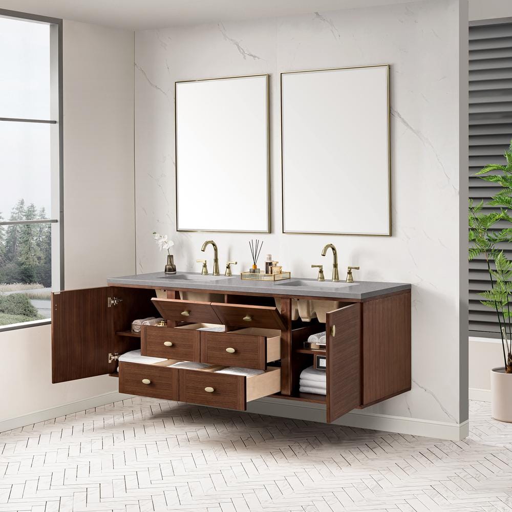 Amberly 72-Inch Walnut Double Vanity Base Cabinet with Brass Knobs