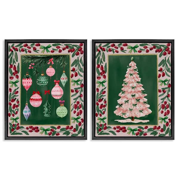 Vintage Ornaments and Tree Border by Yen 2-Piece Black Floater Frame Graphic Religious Art Print 21 in. x 17 in.