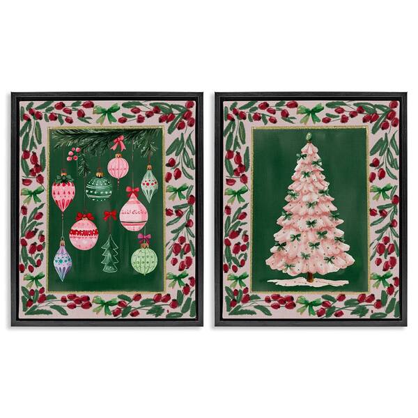 Vintage Ornaments and Tree Border by Yen 2 Piece Black Floater Frame Graphic Religious Art Print 31 in. x 25 in.