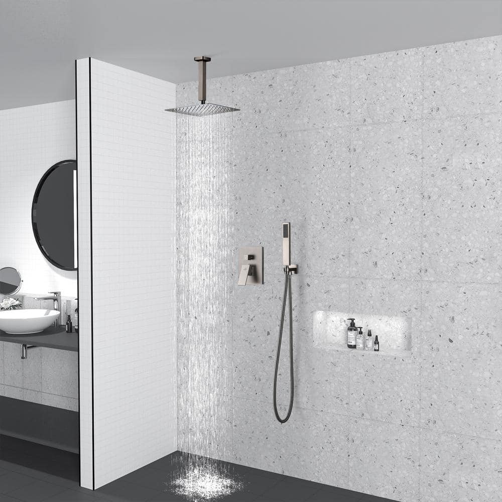 Brushed Nickel Dual Ceiling Mount Rain Shower System with Handheld