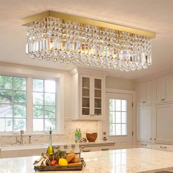 LuminFan 47 in. 10-Light Gold Crystal Rectangular Chandelier for