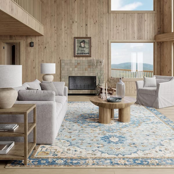 3 ft. x 5 ft. Blue Amaryllis Medallion Machine Washable Dark Indoor/Outdoor Patio Area Rug