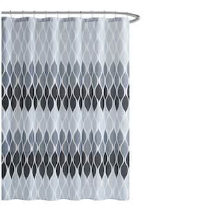70 in. x 72 in. Clarisse Faux Linen Black/Grey Geometric Textured Shower Curtain Set with Beaded Rings