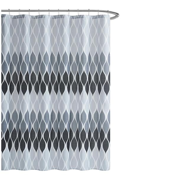 CREATIVE HOME IDEAS 70 in. x 72 in. Clarisse Faux Linen Black/Grey Geometric Textured Shower Curtain Set with Beaded Rings