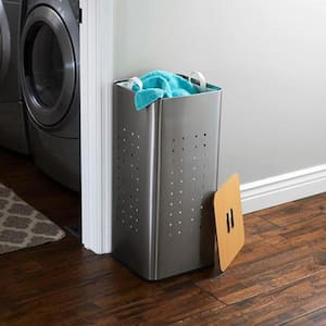 Silver Stainless Steel Laundry Hamper with Wooden Lid and Removable Liner