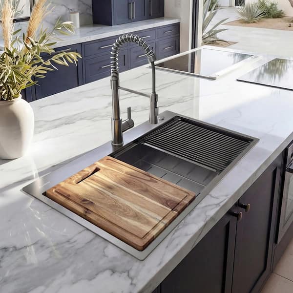 32 in Drop-In Single Bowl 18 Gauge Gunmetal Black Stainless Steel Workstation Kitchen Sink with Black Spring Neck Faucet