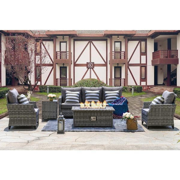 Moda Furnishings Grice 5 Piece Wicker, Patio Conversation Sets With Gas Fire Pit