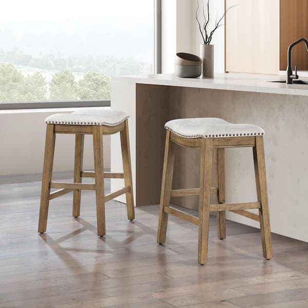 Saddle Stool 24 in. Linen Fabric with Medium Oak Wood Finish 2-Pack