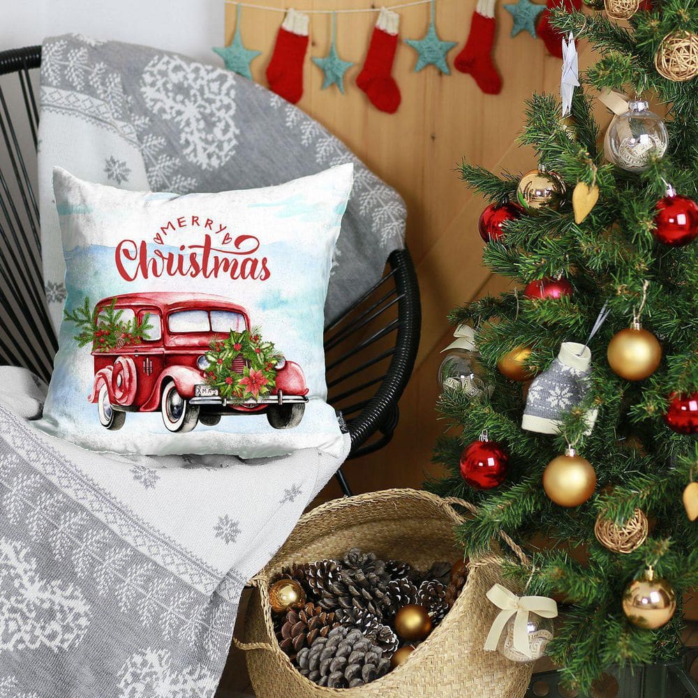 Christmas Car Red and White Polyester Euro Throw Pillow Cover
